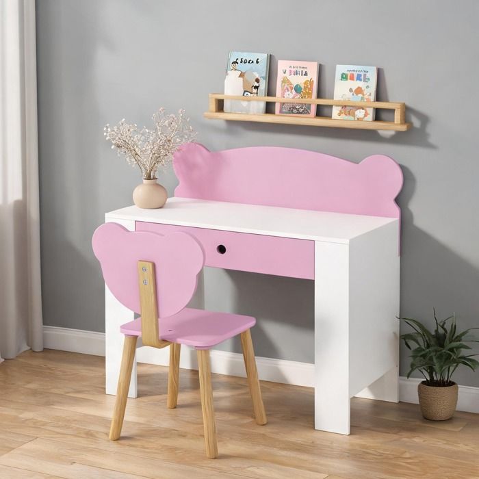 Bureau et chaise enfant rose classique en bois avec tiroir et dossier ourson 80x41x74 5 cm