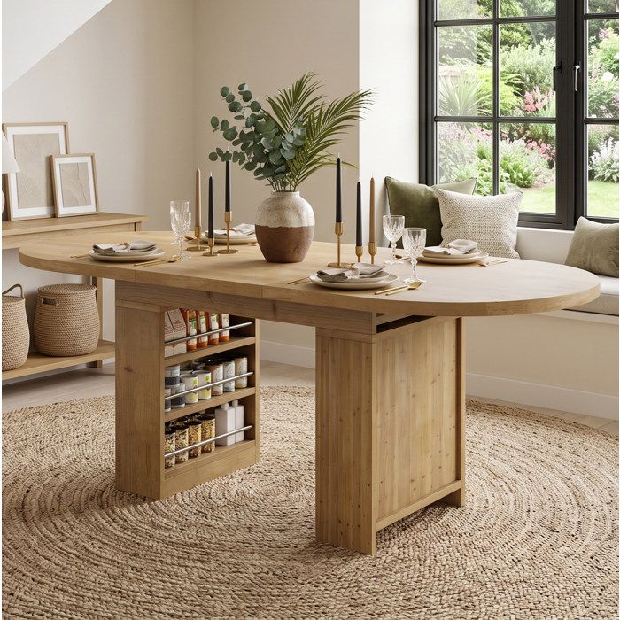 Table a manger extensible 150-200 x 90 cm 6 a 8 personnes avec rangements ouverts MDF coloris chene
