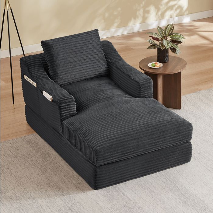 MEUBLIV Fauteuil lounge convertible 1 place gris fonce velours cotele design double couche extensible