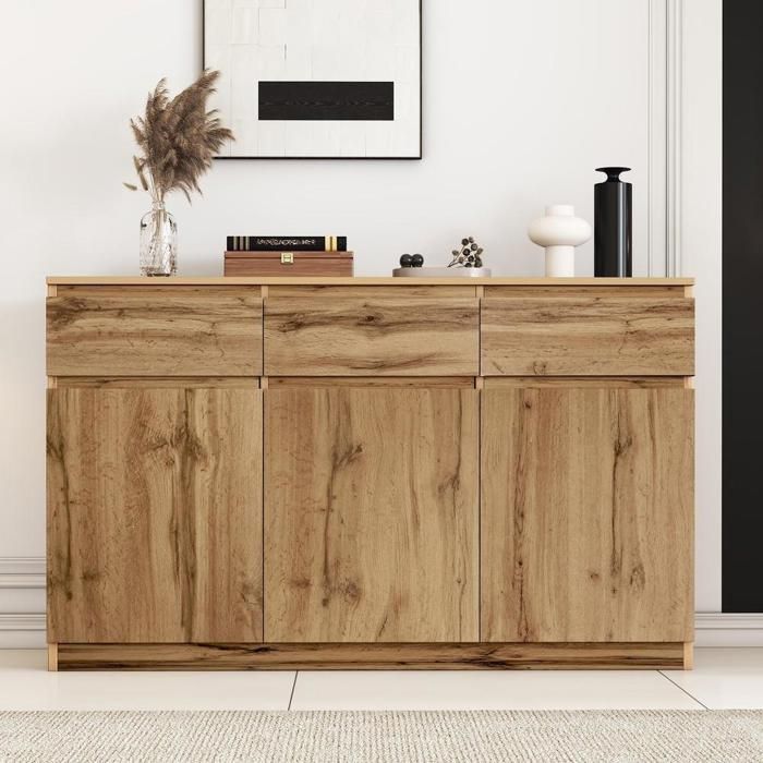 Buffet - KOMHTOM - 135x40x81 cm - 3 portes 3 tiroirs - Bois naturel - Style scandinave Buffet - KOMHTOM - 135x40x81 cm - 3 portes 3 tiroirs - Bois naturel - Style scandinave