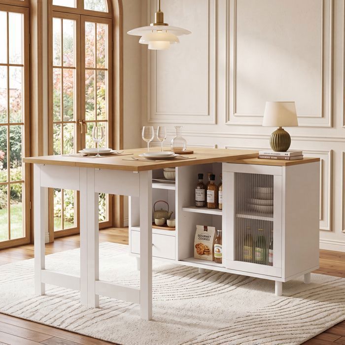 Table à Manger Pliante avec Rangement Meuble 3-en-1 Pivotant 360° Porte en Verre Strié Blanc et Chêne Table à Manger Pliante avec Rangement Meuble 3-en-1 Pivotant 360° Porte en Verre Strié Blanc et Chêne
