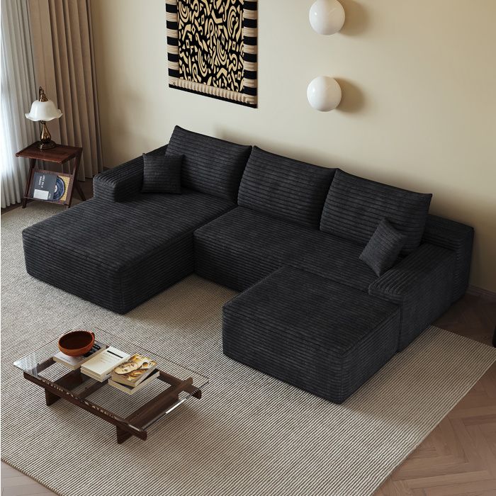 ULEVR Canapé dangle modulable 4 places chaise longue réversible tissu corduroy noir sans montage 270 cm