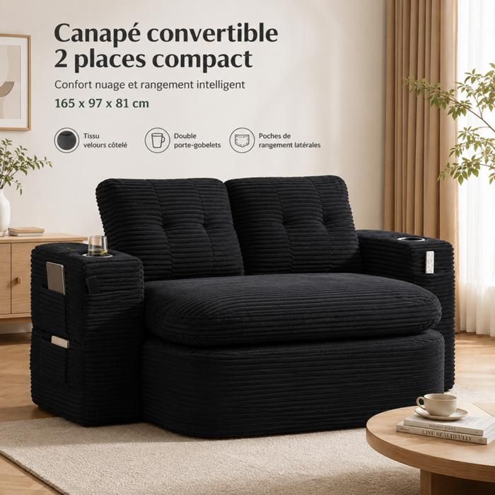 Canapé convertible - SOGEU - 2 places - Velours côtelé noir - Porte-gobelet & poches - Lit banquette