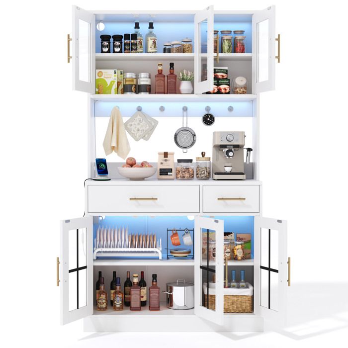 Vaisselier style campagne blanc avec LED et prise 6 portes 2 tiroirs étagères réglables 180 x 100