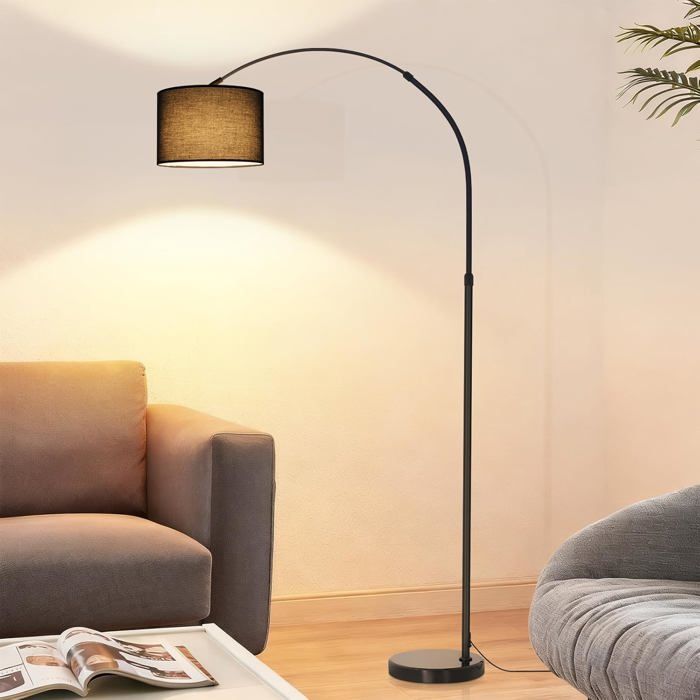 Lampadaire arc noir abatjour tissu 30cm socle marbre 26cm E27 40W 181cm salon chambre bureau