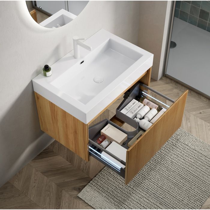 WUVRIE Meuble sous vasque suspendu 70 cm avec vasque integree rectangulaire en resine blanche 1 tiroir