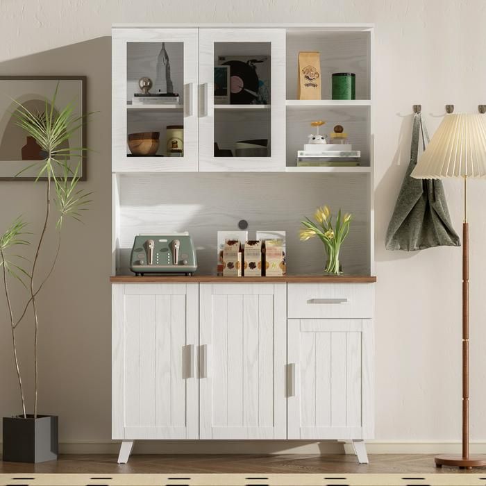 Buffet Haut Vaisselier Armoire de Rangement Bois Blanc et Marron Style Maison de Campagne 114x40x190 cm pour Salon Salle à Manger
