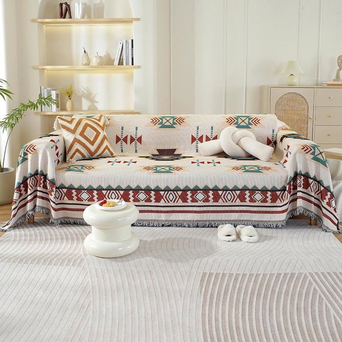 Plaid Canapé Réversible Grande Taille 180x260 cm Jeté Décoratif Franges Motif Géométrique Housse Sofa Douce HOUSSE DE CANAPE