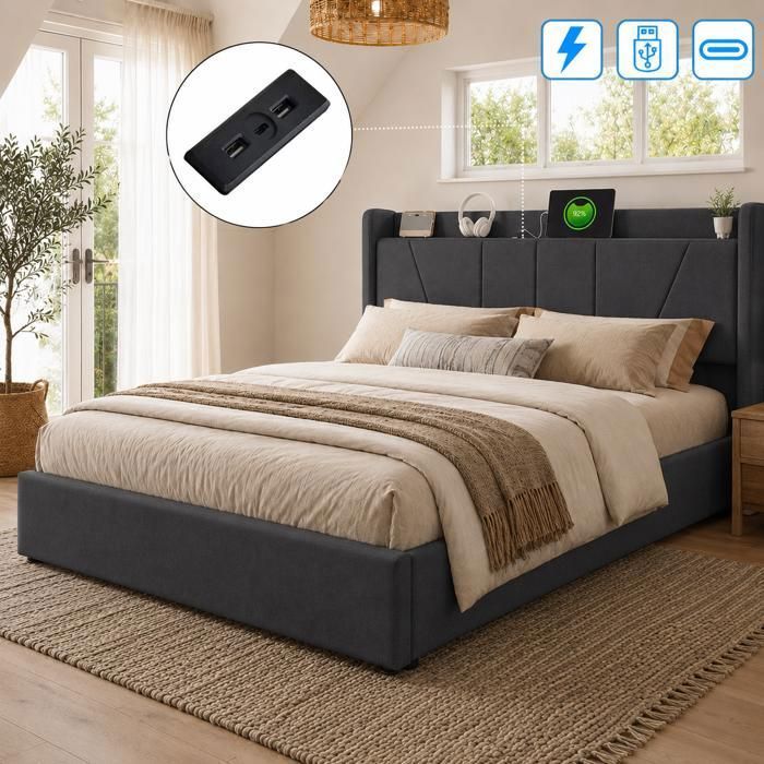 Lit 2 Personnes 160x200cm en Lin avec Charge USB Type C - Lit Coffre Adulte avec Rangement Hydraulique  - Sommier à Lattes - Gris