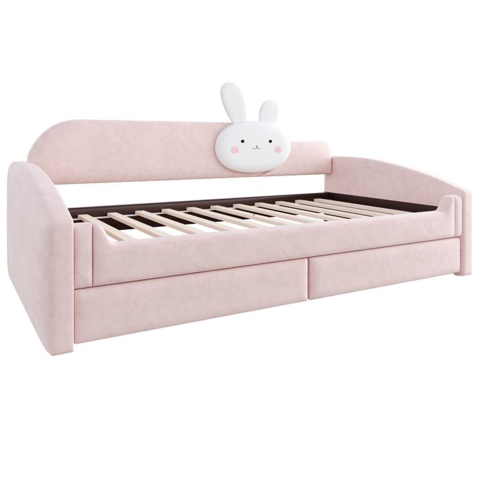 Lit enfant canapé 90 x 200 cm – rose – velours LED 2 tiroirs
