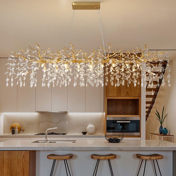 Lustre cristal K9 100% doré – L180 cm – rectangulaire à branches – 20 feux G9 – aluminium – îlot de cuisine salle à manger salon