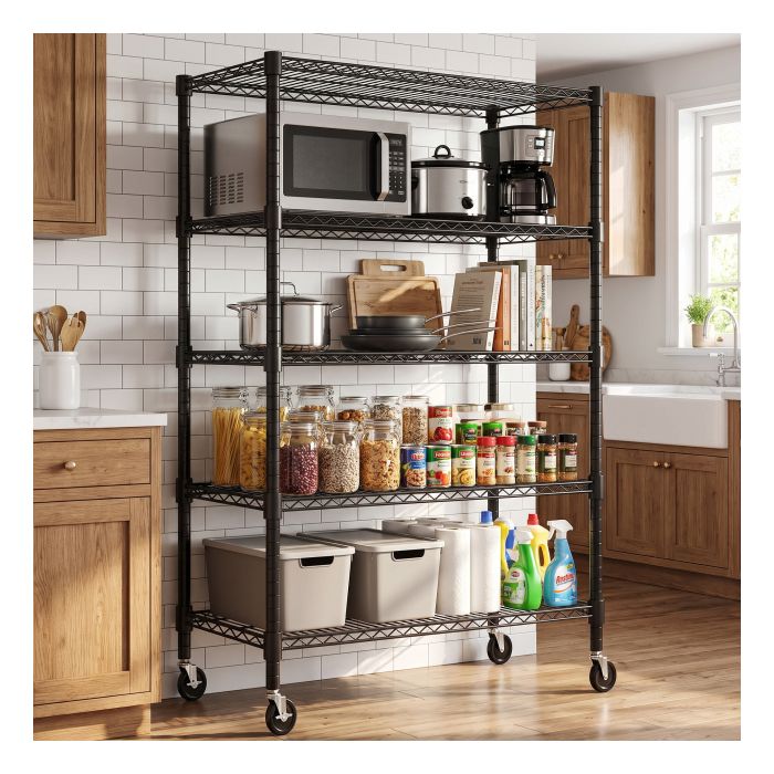 Étagère de Rangement-HOMDOX-91x46x183cm Meuble Étagères à 4 Niveaux sur Roulettes Rayonnage Métallique Réglable pour Cuisine Noir Étagère de Rangement-HOMDOX-91x46x183cm Meuble Étagères à 4 Niveaux sur Roulettes Rayonnage Métallique Réglable pour Cuisine Noir