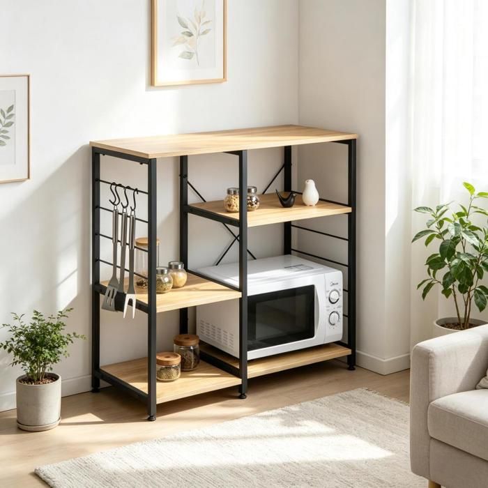 Étagère métal et bois 5 niveaux meuble de rangement cuisine pour micro-ondes et accessoires pour cuisine ou entrée