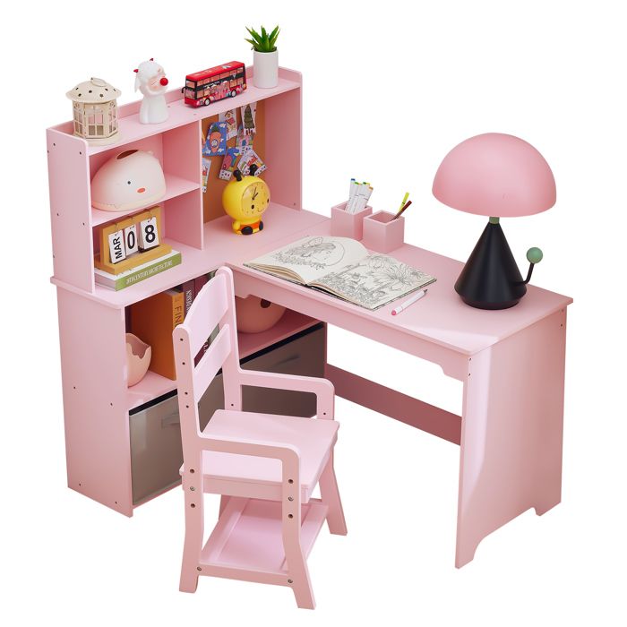 Bureau Enfant dAngle L avec Chaise Réglable – Étagères Tiroir Tissu Panneau dAffichage MDF Sécurisé Rose