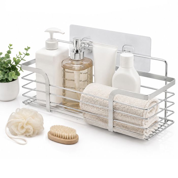 Étagère murale de salle de bain autocollante sans perçage en acier inoxydable pour douche et cuisine taille S 25 cm argent