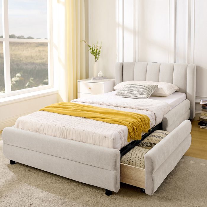 Lit enfant en tissu chenille bleu 90x190 cm dossier rembourré confortable sommier à lattes inclus sans matelas