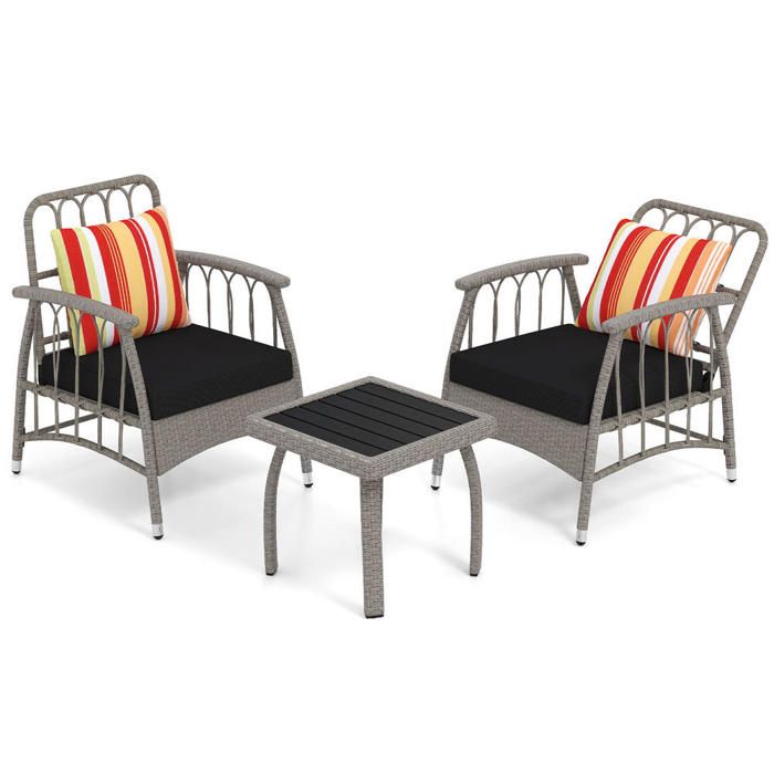 En Résine Tressée Salon de Jardin 3 Pièces Dossier Inclinable 5 Niveaux et Table Basse pour Terrasse et Balcon Gris