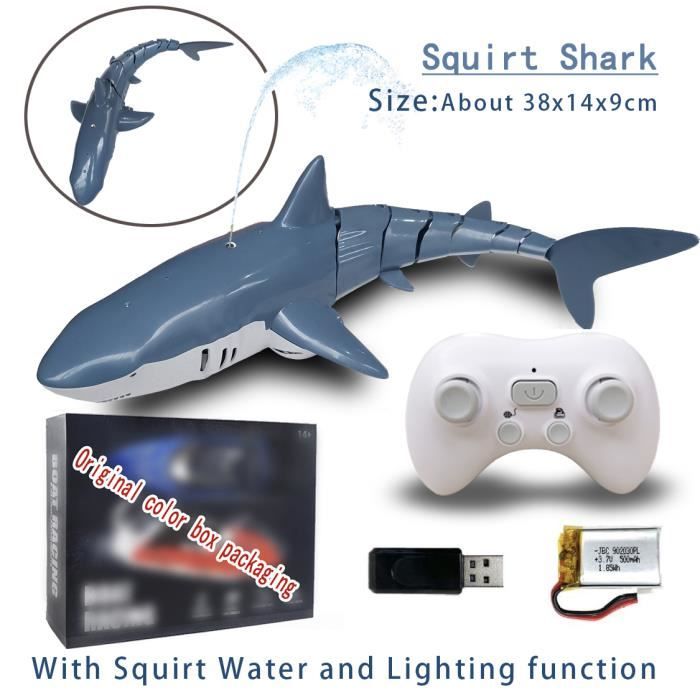 POXIAO Requin Télécommandé 2,4 GHz – Étanche, Avant/arrière, Gauche/droite, Lumière – Batterie Rechargeable + 1 Offerte – Dès 3 Ans