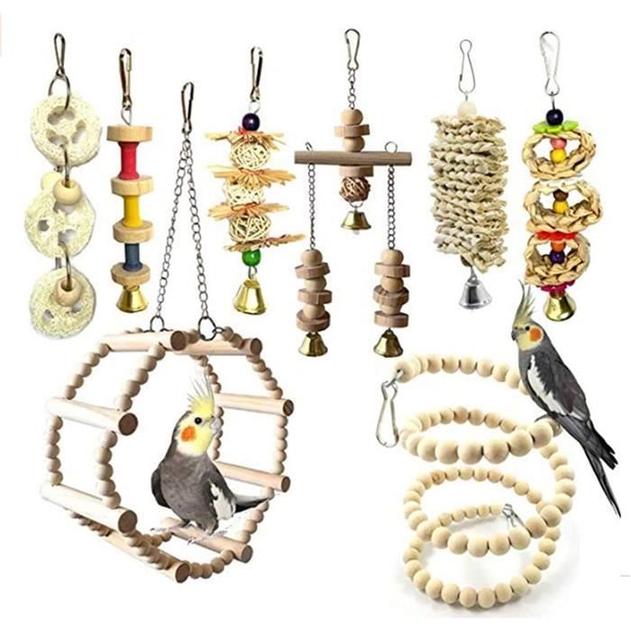 Lot de 8 Jouets à mâcher pour Oiseaux, Jouets pour perroquets, Jouet pour Cage pour perruches, calopsittes, Conures, inséparabl A282