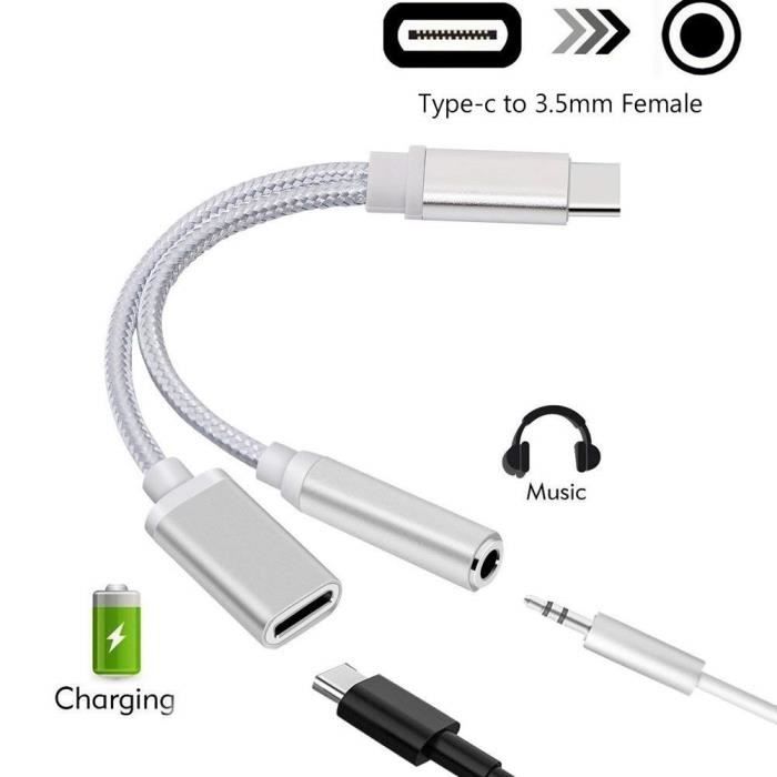 Adaptateur Type C-Jack pour MacBook Pro Thunderbolt 3 USB-C 2 en 1 Audio USB-C Ecouteurs Chargeur Casque (ARGENT)