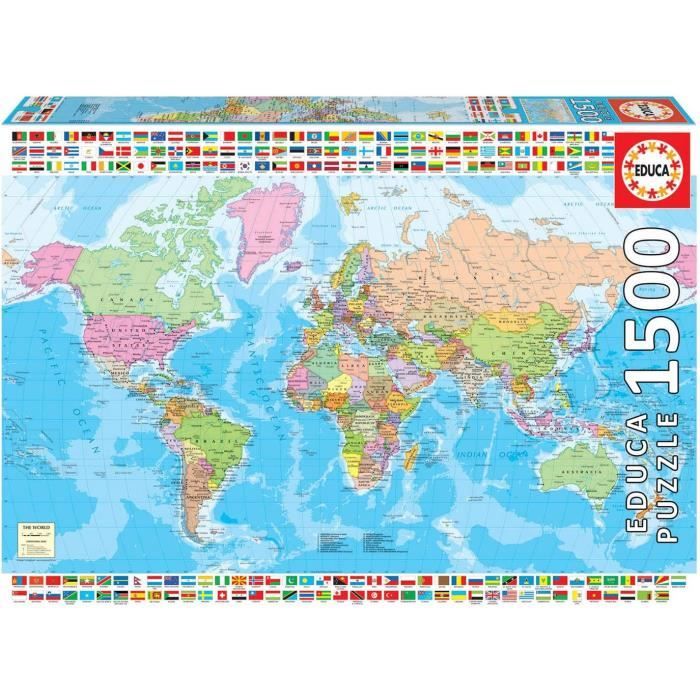 Puzzle Educa 1500 Pièces - Carte Du Monde Politique Avec Drapeaux - 85x60cm