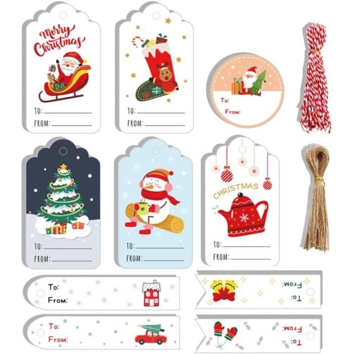 Lot de 96 étiquettes de Noël en papier kraft avec ficelle - Cadeaux de Père Noël pour arbres de Noël, cadeaux, bouteilles de vin rouge, plantes, timbres, cartes de visite, étiquettes
