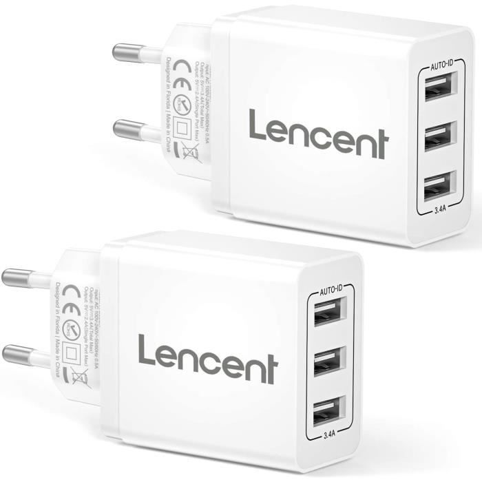 LENCENT Chargeur Secteur USB,3 Ports Prise USB Secteur Multiple Mural  17W-3.4A, blancheur