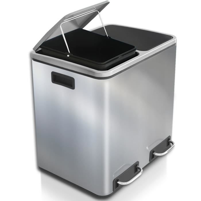 Poubelle Tri Sélectif 30 Litres - Poubelle 2 Bacs 15L - Poubelle de Cuisine  en Inox à Pédale - 41x36x47 cm - Argenté - Cdiscount Maison