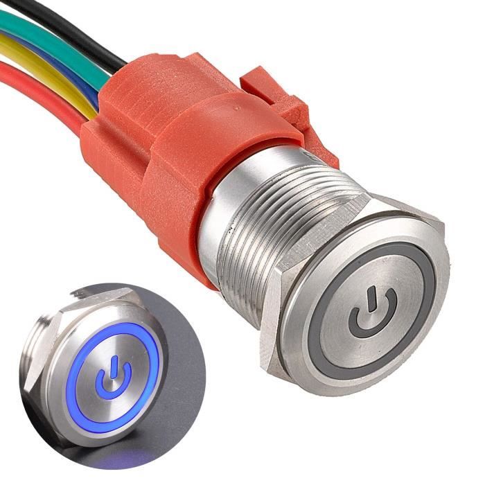 Interrupteur étanche 19mm LED – 12-24V, Acier Inoxydable, Auto-bloquant, IP65, Pour Voiture Et Extérieur