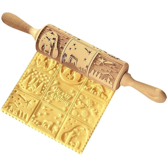 Rouleau à Pâtisserie Gravé Noël En Bois – Motif Flocon De Neige 3D Pour Biscuits & Pâtisseries Festives