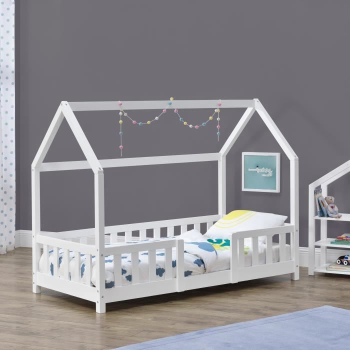 Lit dEnfant Design Forme Maison Sisimiut Pin 140 x 70 cm Blanc Mat Laqué [en.casa]