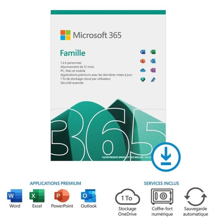 Microsoft 365 Famille à télécharger - Jusqu'à 6 utilisateurs - PC