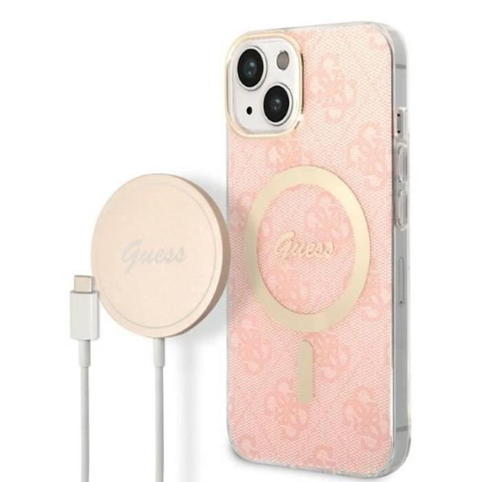 Guess Bundle Pack MagSafe 4G Ensemble coque pour iPhone 14 Plus + chargeur MagSafe Or 3666339103057