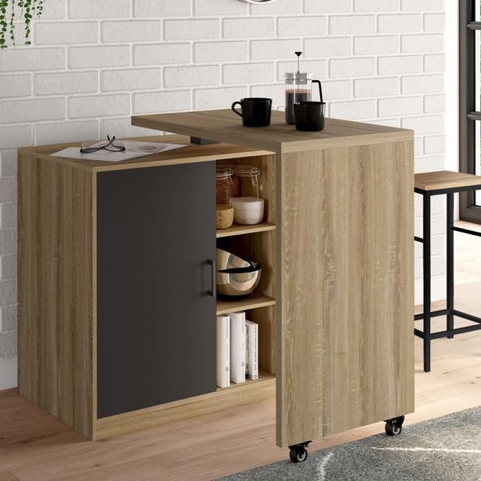 IDMARKET Ilot rotatif POLO meuble de bar pivotant 2 en 1 imitation hêtre porte noire