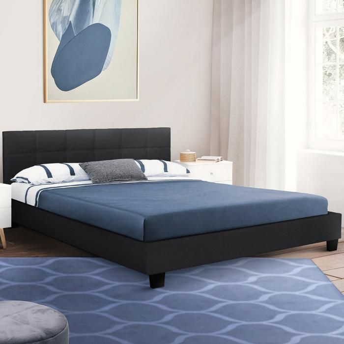 IDMARKET Lit double CHARLOTTE avec tête de lit et sommier 140 x 190 cm PVC noir