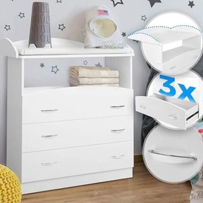 Infantastic® Commode à Langer - 3 Tiroirs et 1 Compartiment Ouvert, 85x71x96 cm - Table, Plan à Langer, pour Bébé, Chambre d'Enfant