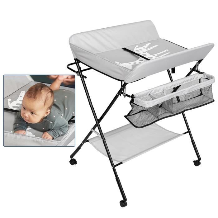 Table à Langer Maydolly Pliable Avec Roues - Hauteur Réglable, Range-Couches Intégré - Gris Clair