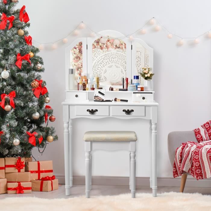 Coiffeuse Enfant Avec Miroir, Tabouret & 2 Tiroirs – Style Scandinave Blanc & Bois (3-6 Ans)