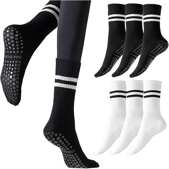 chaussettes antidérapantes femme - 6 paires - coton - yoga pilates fitness - noir - respirant