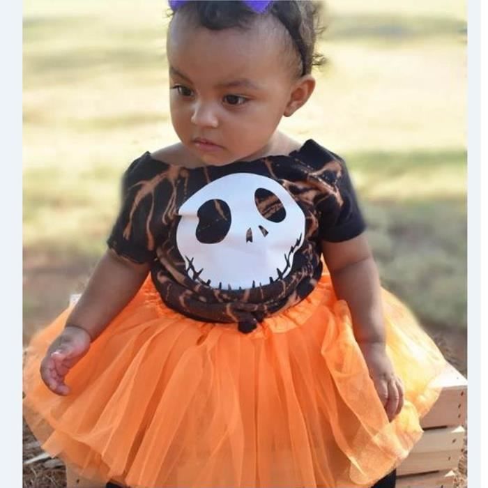 T Shirt Imprime Tete De Mort Bebe Fille Bebe Halloween Manches Courtes Jupes Tenues Orange Orange Cdiscount Pret A Porter