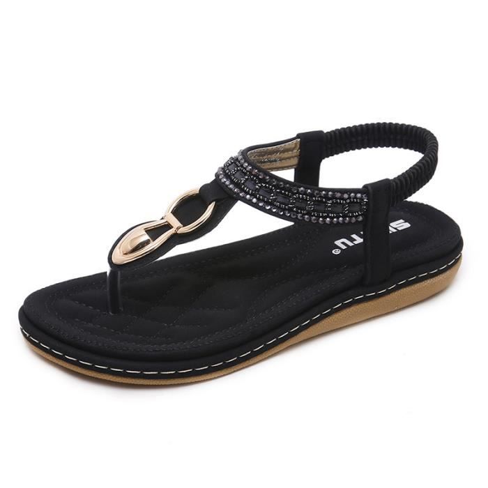 Sandales de plage femme ECELEN en cuir noir avec strass