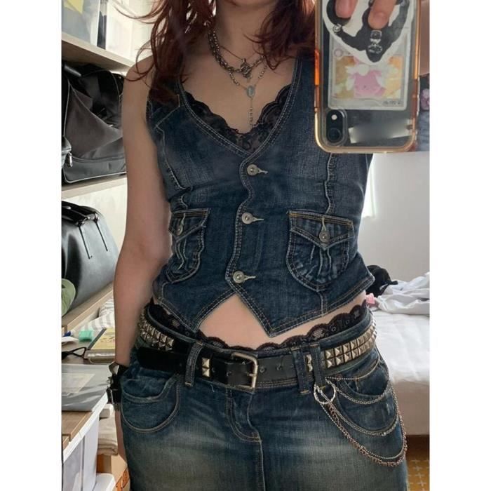 Gilet Jean Femme Sans Manches Déchiré | Denim Boutonné Taille Asian Fit