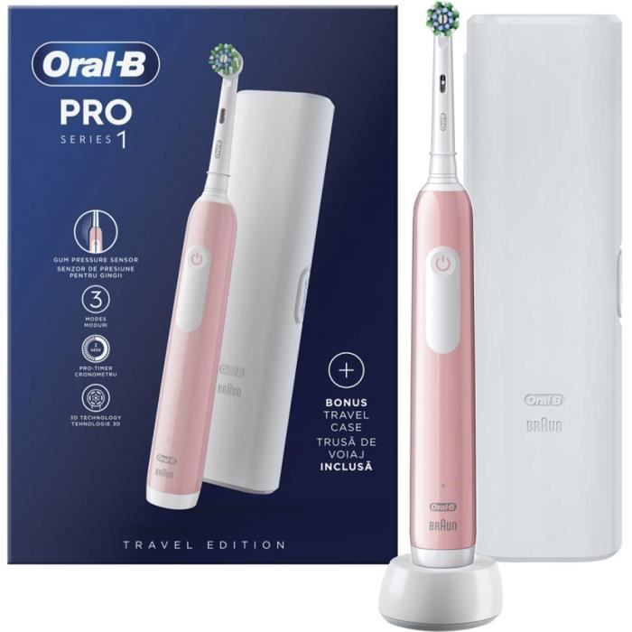 Brosse à dents Oral-B Pro 1 Rose avec étui blanc, 4 embouts de précision et cadeaux gratuits