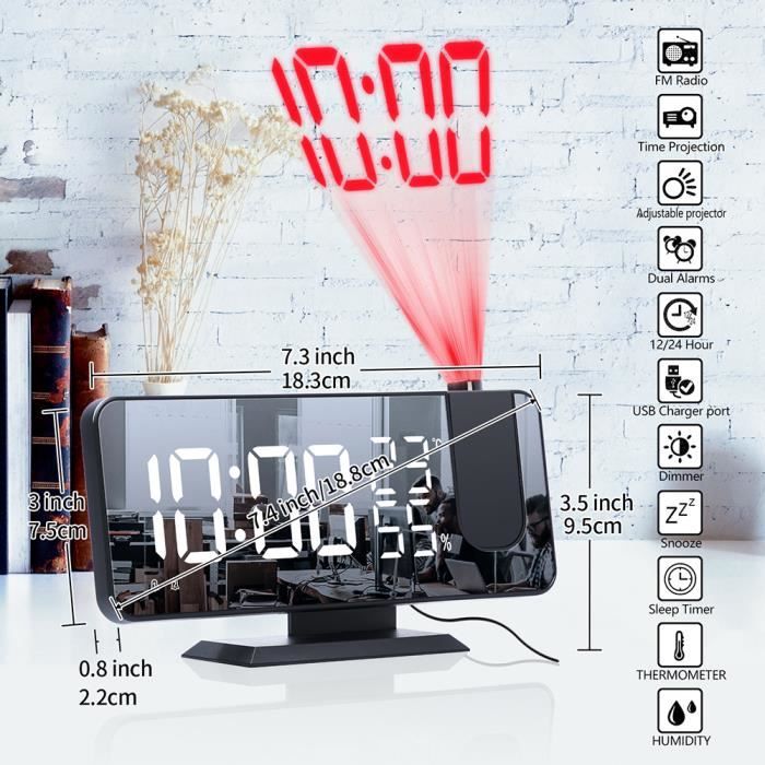 Réveil Projecteur Plafond – Affichage Au Plafond, Radio FM, Double Alarme, USB, Design Moderne