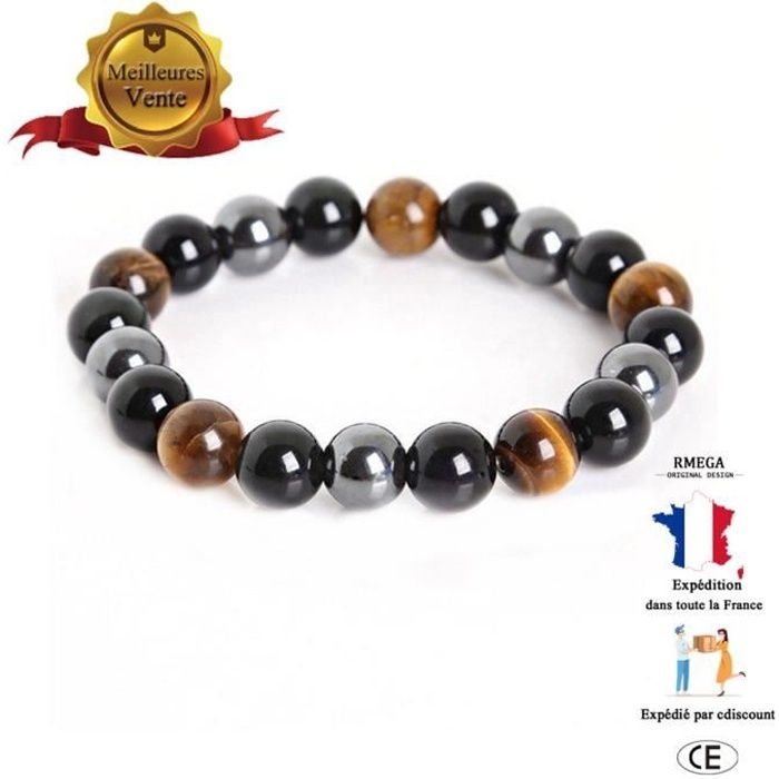 RMEGA Bracelet Femme Homme Protection Puissante Oeil de Tigre Hématite et Obsidienne Noir
