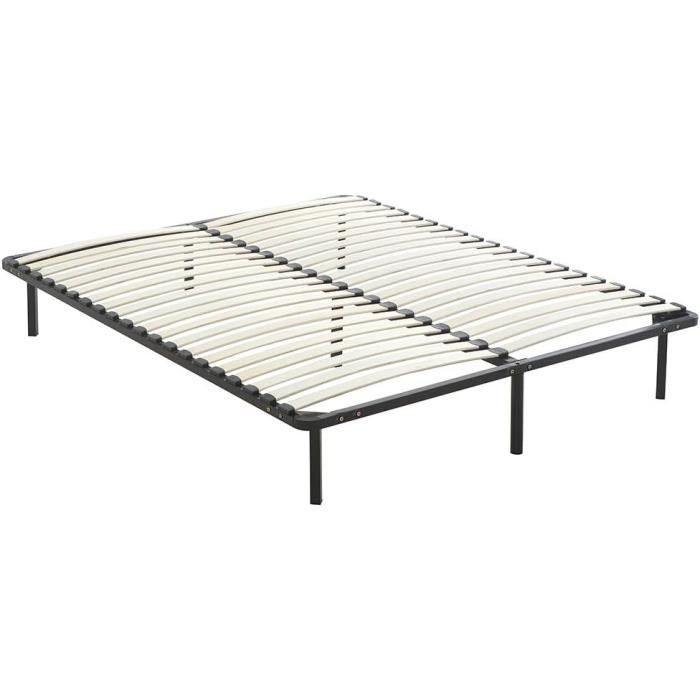Sommier à Lattes Sur Pieds 140x190 Cm - 13 Lattes En Bois Avec 7 Pieds En Acier Inclus - Lit Robuste Et Confortable
