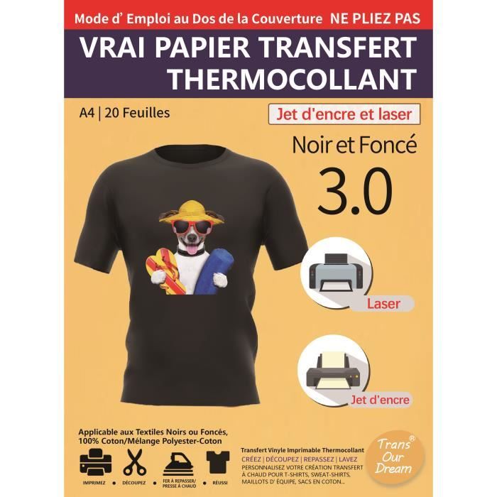 Papier Transfert pour Textile - Pochette 5 Feuilles A4 Papier Transfert  pour T-shirts et Textiles Clairs, Compatible Imprimante Laser, Impressions  