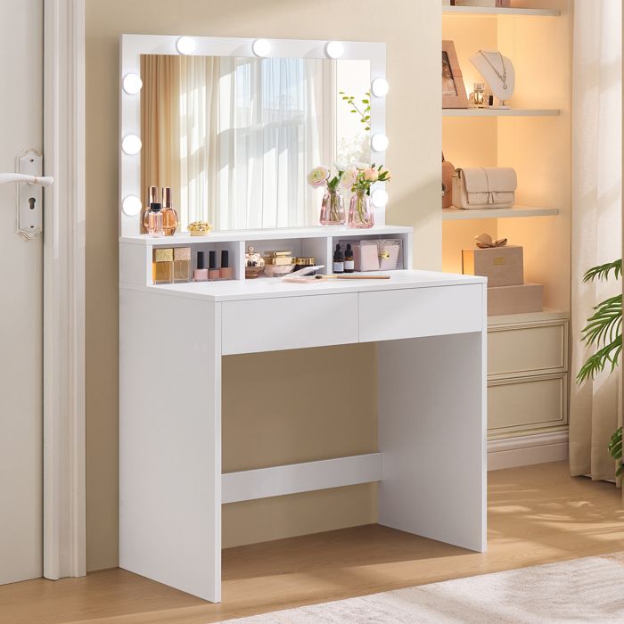 VASAGLE Coiffeuse avec miroir 9 ampoules LED 2 tiroirs et 3 compartiments de rangement style moderne blanc SANS TABOURET