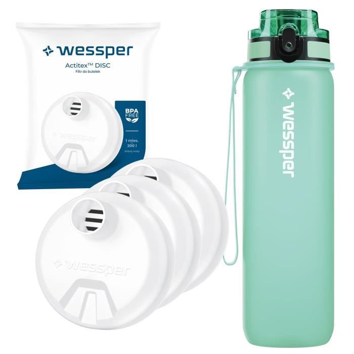 Gourde Filtrante Wessper – 700 Ml, Acier Inoxydable 18/8, Filtre Actitex Disc 200 L, Réduit Chlore, BPA Free, Jaune, Sans Paille