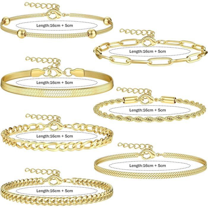 Lot De 4 Bracelets Femme Plaqués Or 14K – Figaro, Tennis, Chaîne, Torsadé, Zircons, Réglables - 10